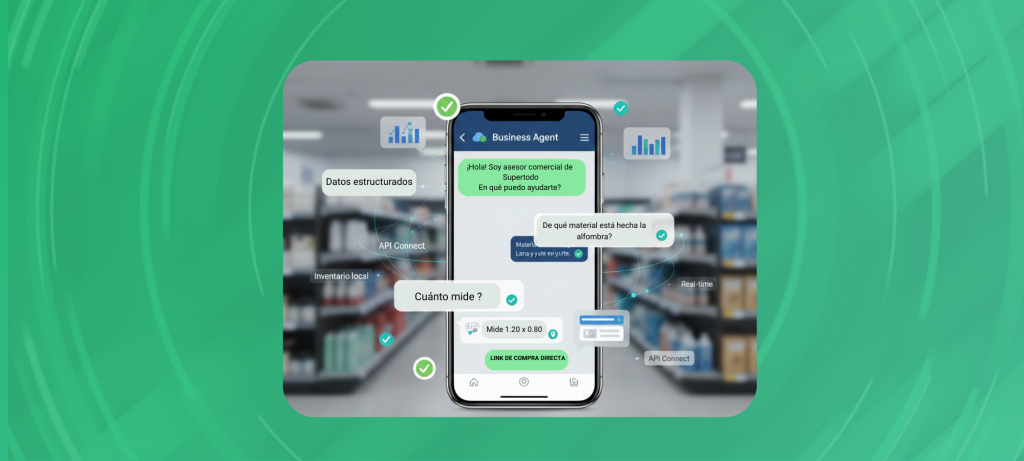 Interfaz del nuevo Business Agent de Google mostrando una conversación de ventas asistida por inteligencia artificial Gemini.